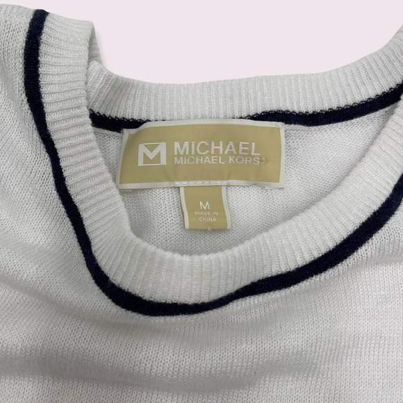 MICHAEL KORS| Cold Shoulder L/S Sweater EUC White with Navy stripe bell sleeve - Picture 5 of 9
